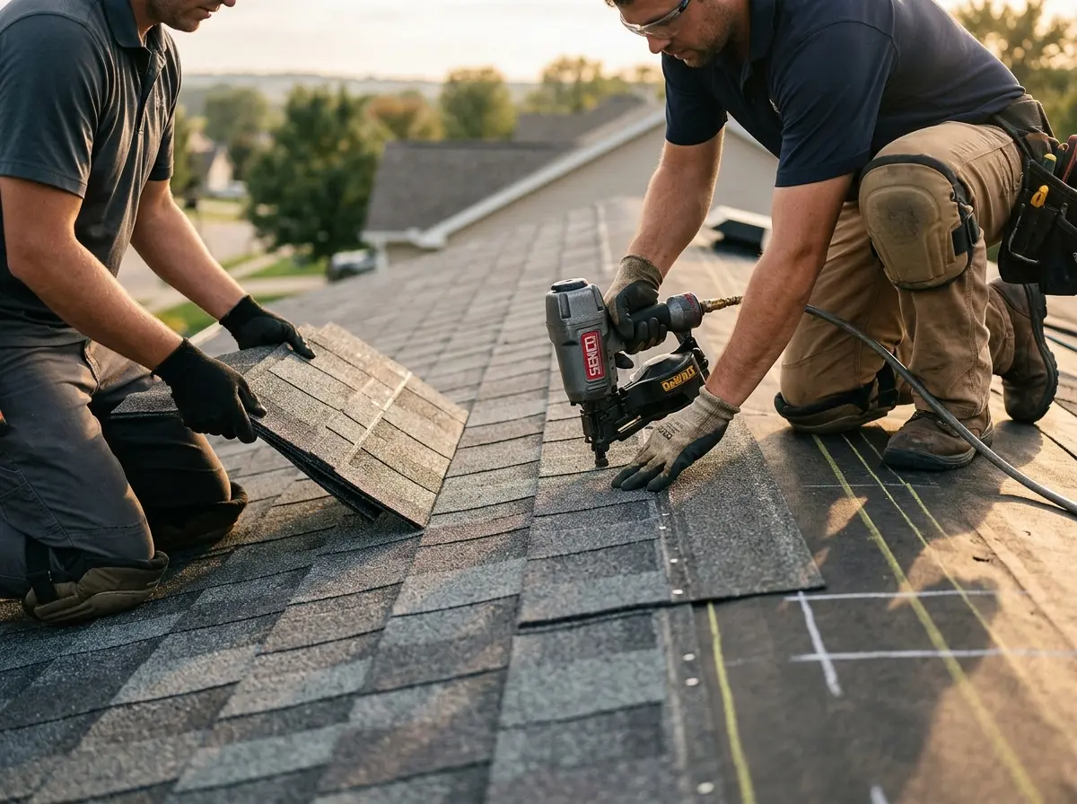 Professional roofer working on a residential roof in Webster